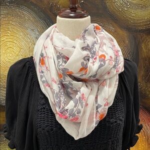H&M Floral & Birds Scarf - White, Gray, Pink, and Orange